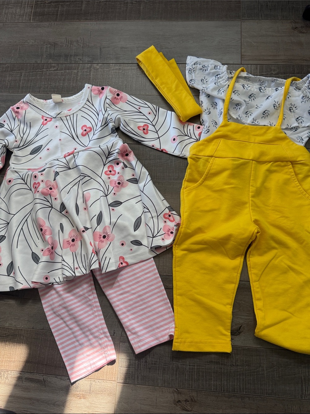 Toddler Girls Yellow Overall Set with Pink Floral Top and Striped Leggings NWOT